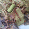 GREEN CHANDERI PRINTED & EMBROIDERED SUIT WITH KANTHA  CHANDERI DUPATTA