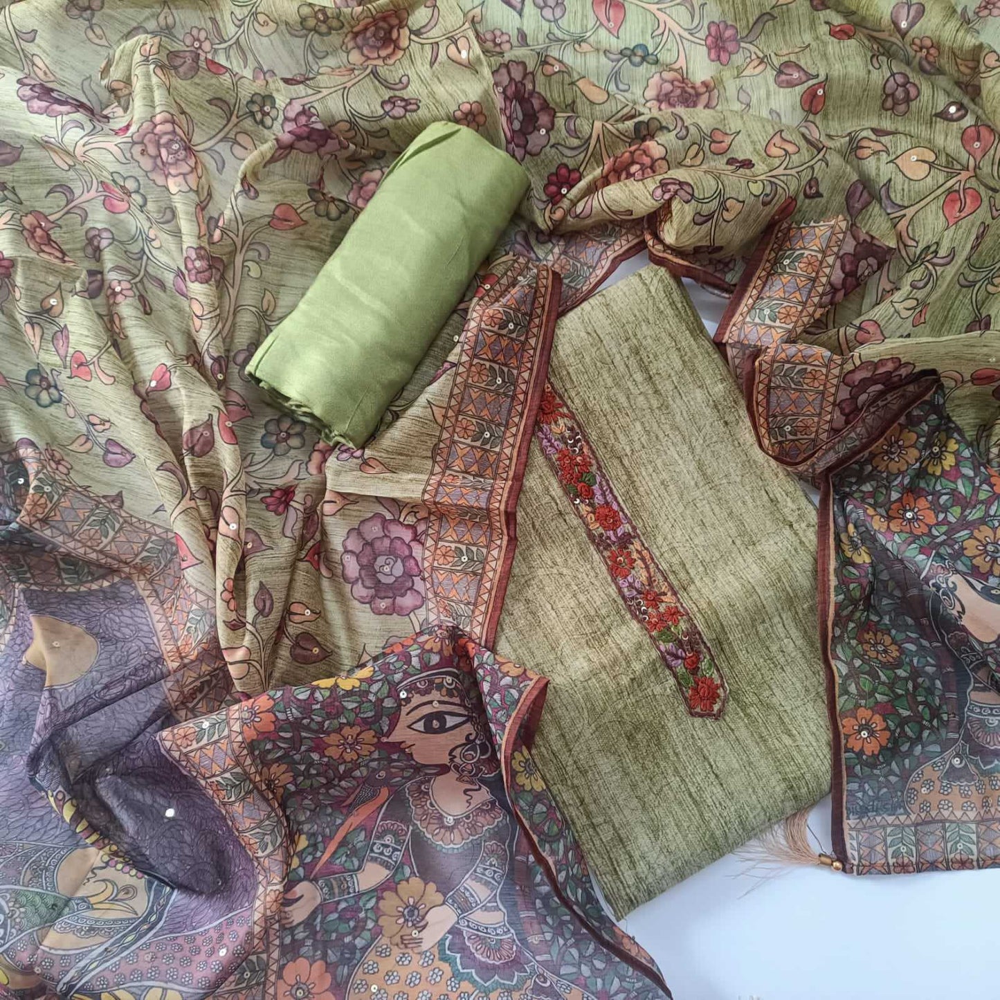 GREEN CHANDERI PRINTED & EMBROIDERED SUIT WITH KANTHA  CHANDERI DUPATTA