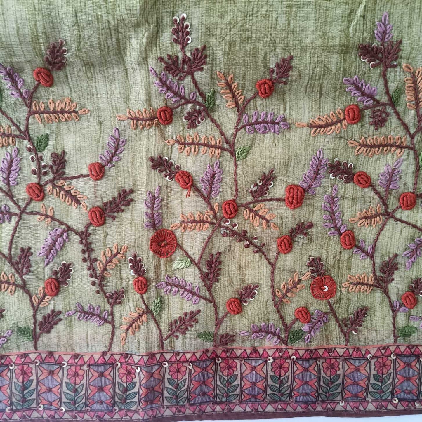 GREEN CHANDERI PRINTED & EMBROIDERED SUIT WITH KANTHA  CHANDERI DUPATTA