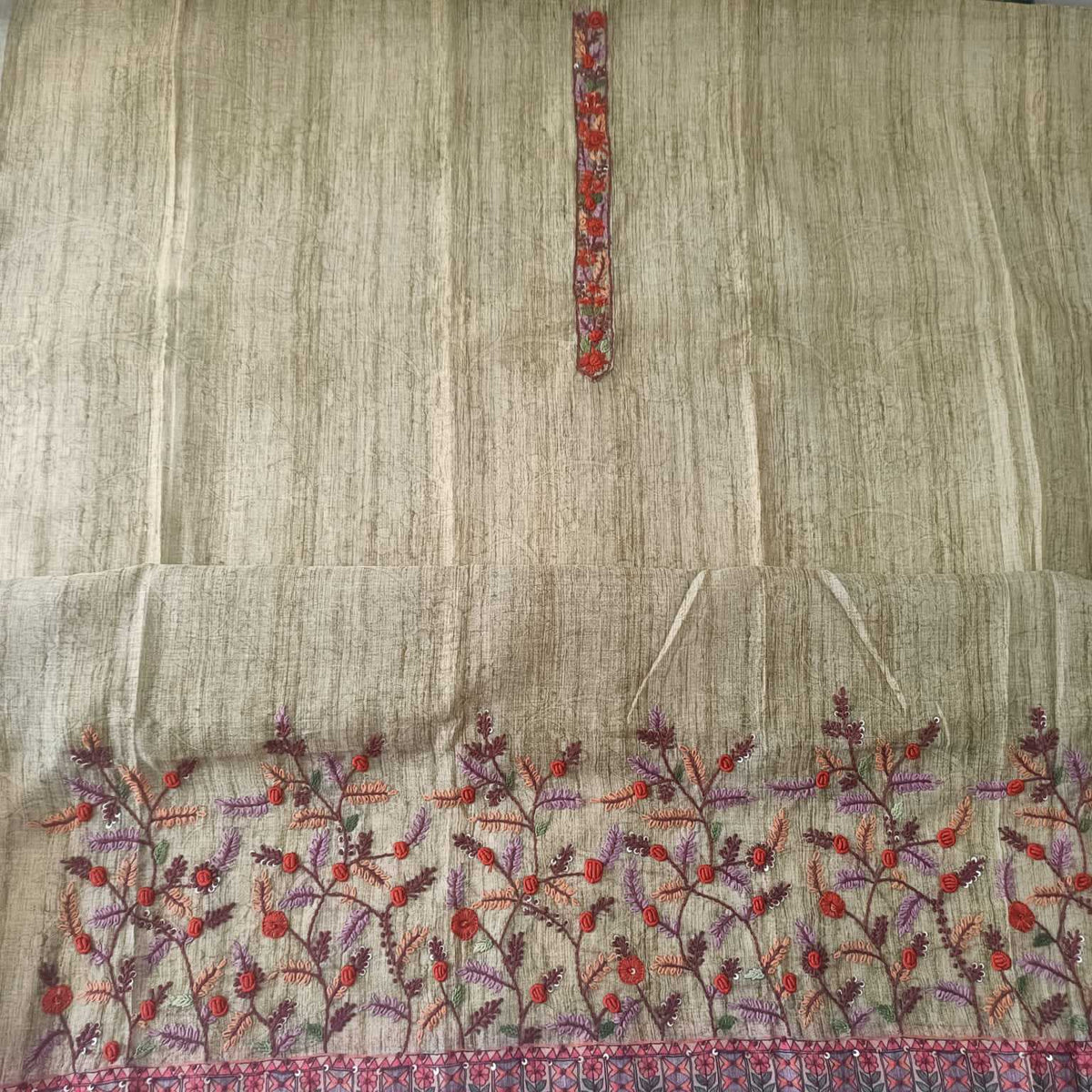 GREEN CHANDERI PRINTED & EMBROIDERED SUIT WITH KANTHA  CHANDERI DUPATTA