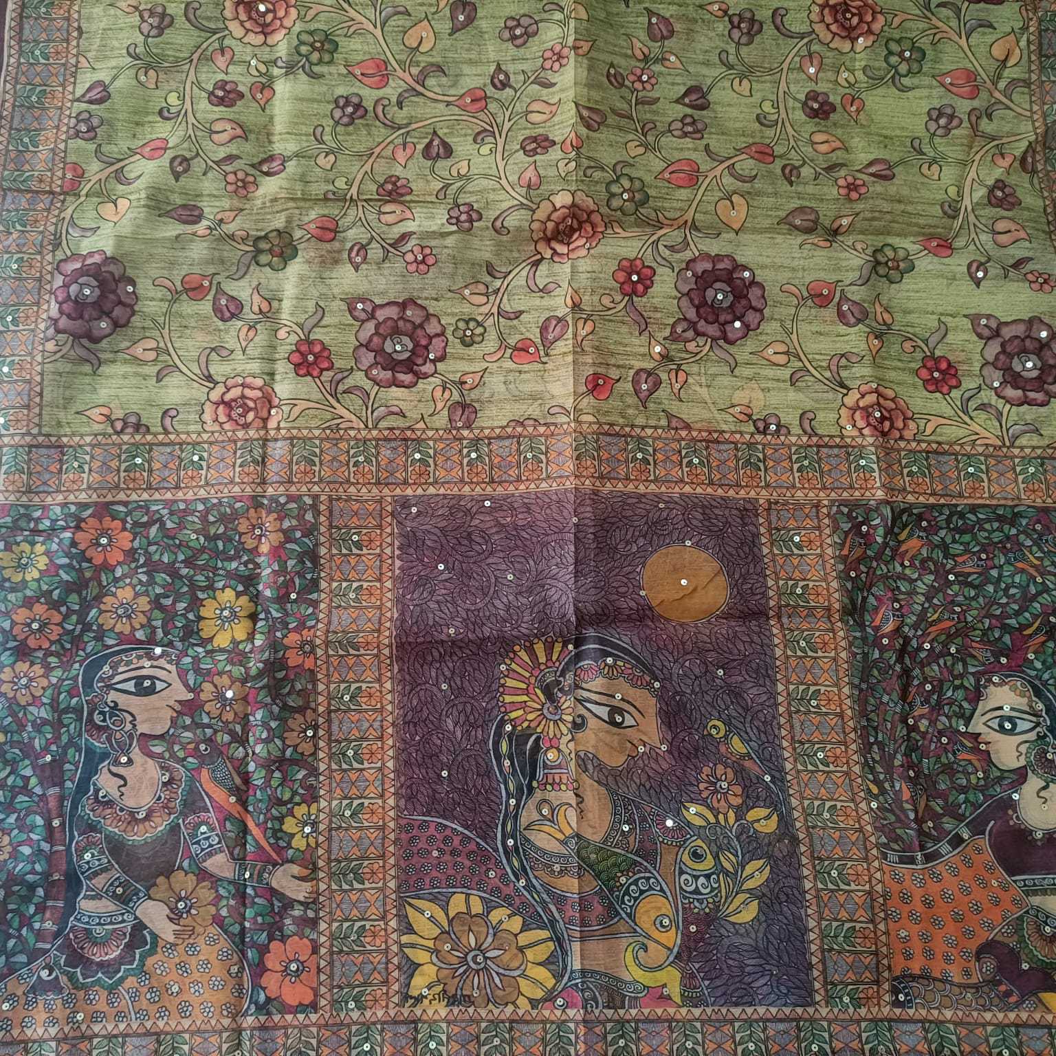 GREEN CHANDERI PRINTED & EMBROIDERED SUIT WITH KANTHA  CHANDERI DUPATTA