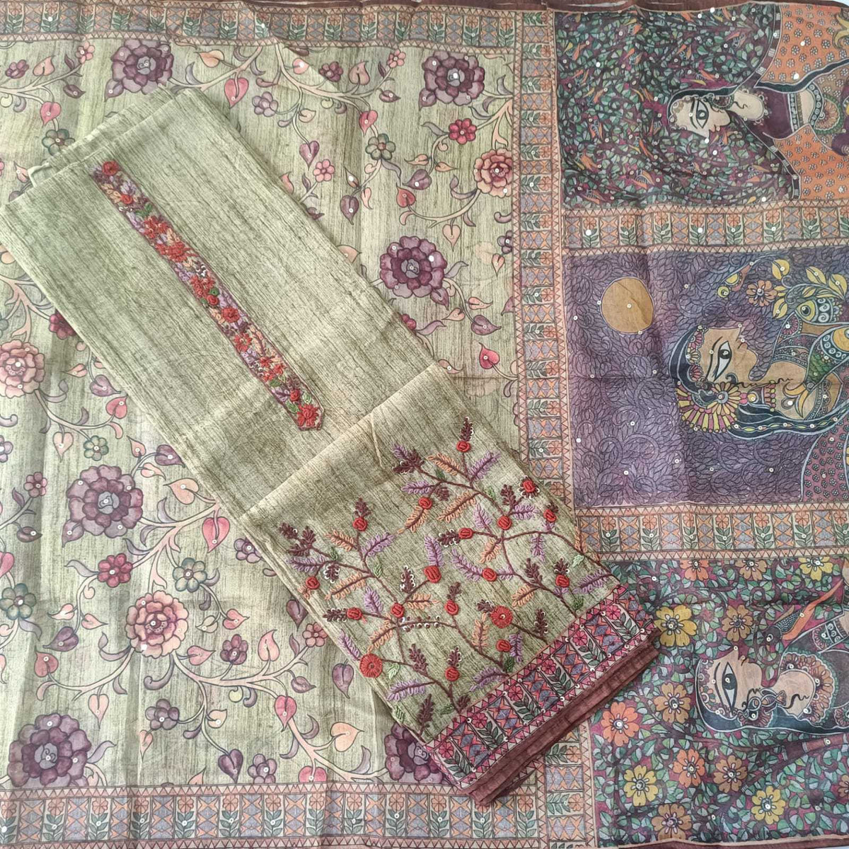 GREEN CHANDERI PRINTED & EMBROIDERED SUIT WITH KANTHA  CHANDERI DUPATTA