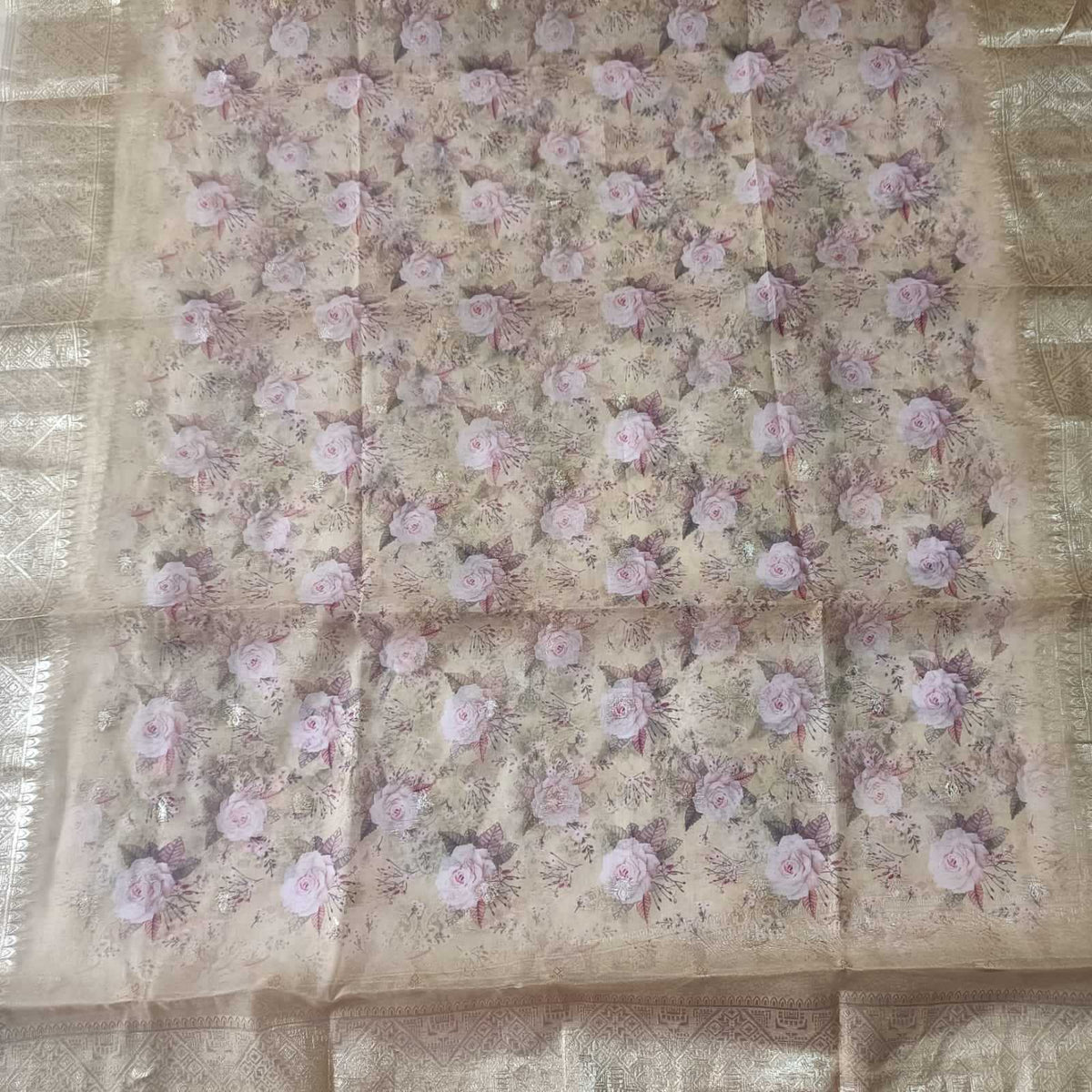 CRÈME GOLD CHANDERI PRINTED SUIT WITH ORGANZA DUPATTA