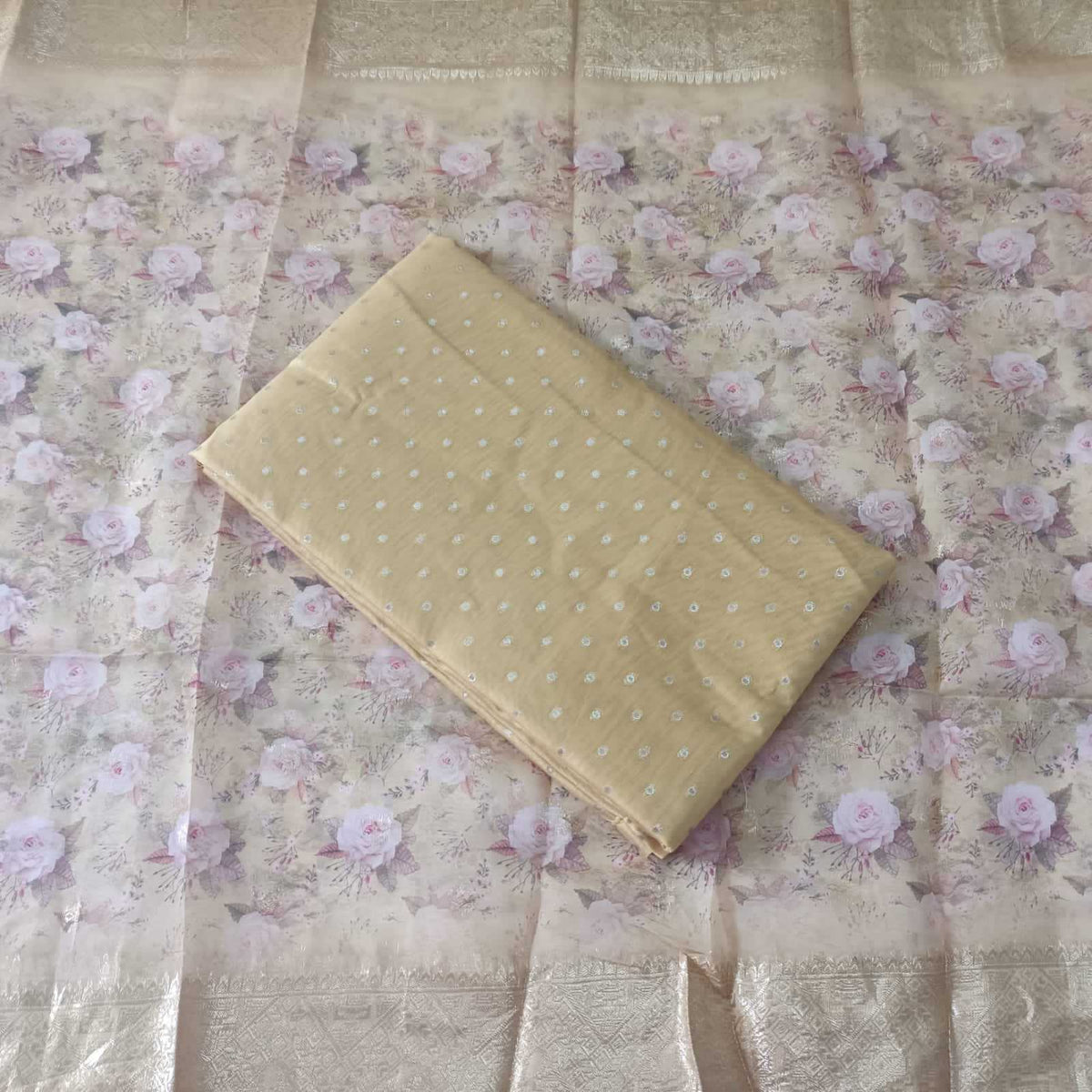 CRÈME GOLD CHANDERI PRINTED SUIT WITH ORGANZA DUPATTA