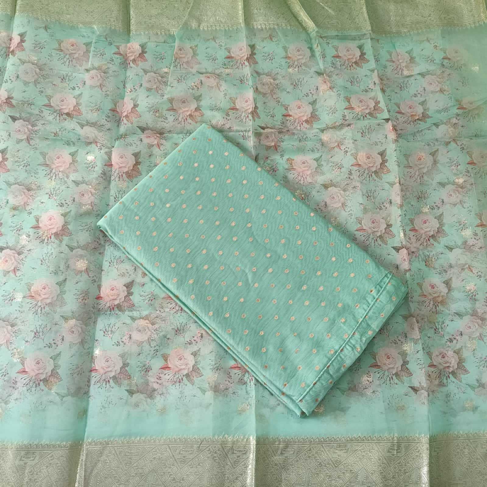 SEA GREEN GOLD CHANDERI PRINTED SUIT WITH ORGANZA DUPATTA