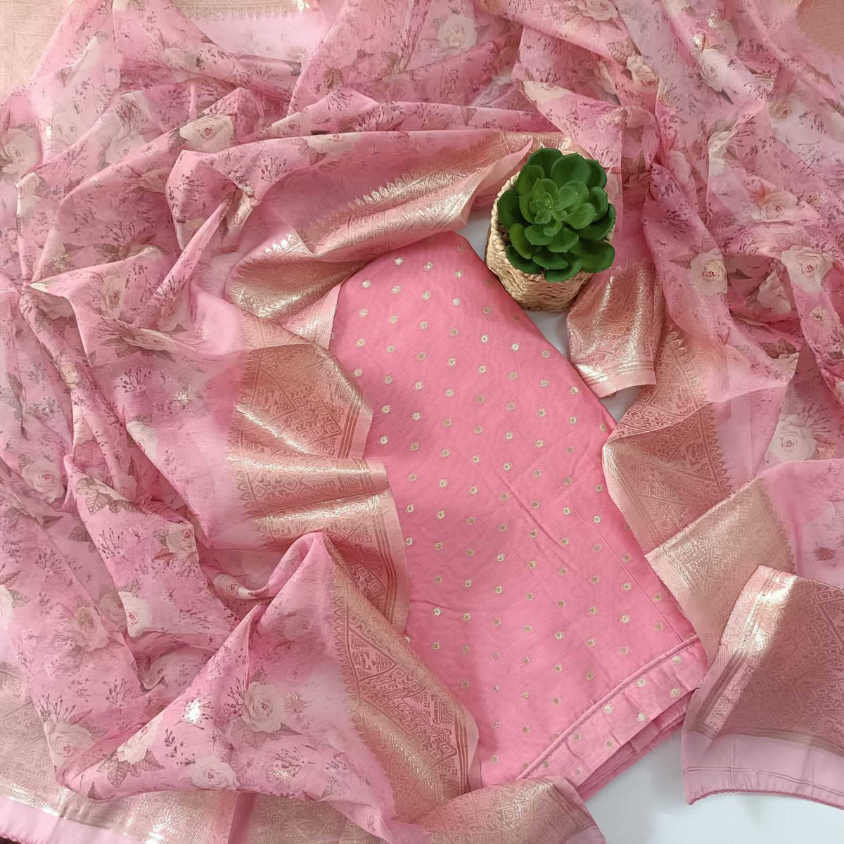 PINK CHANDERI PRINTED SUIT WITH ORGANZA DUPATTA
