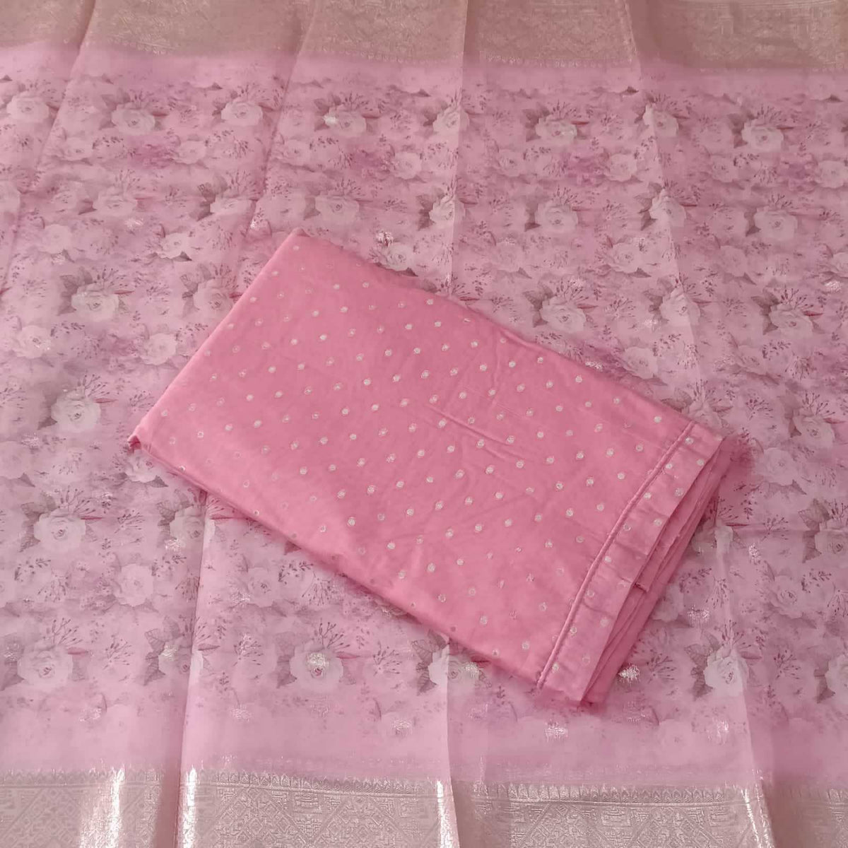 PINK CHANDERI PRINTED SUIT WITH ORGANZA DUPATTA