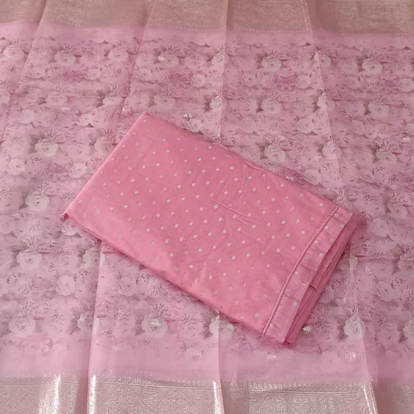 PINK CHANDERI PRINTED SUIT WITH ORGANZA DUPATTA