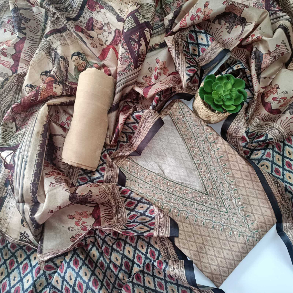 IVORY BIEGE CHANDERI PRINTED & EMBROIDERED SUIT WITH PRINTED SILK DUPATTA