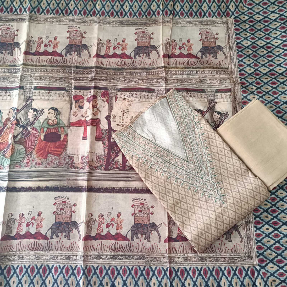 IVORY BIEGE CHANDERI PRINTED & EMBROIDERED SUIT WITH PRINTED SILK DUPATTA