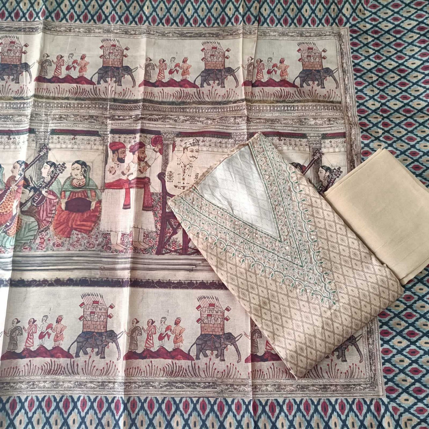 IVORY BIEGE CHANDERI PRINTED & EMBROIDERED SUIT WITH PRINTED SILK DUPATTA