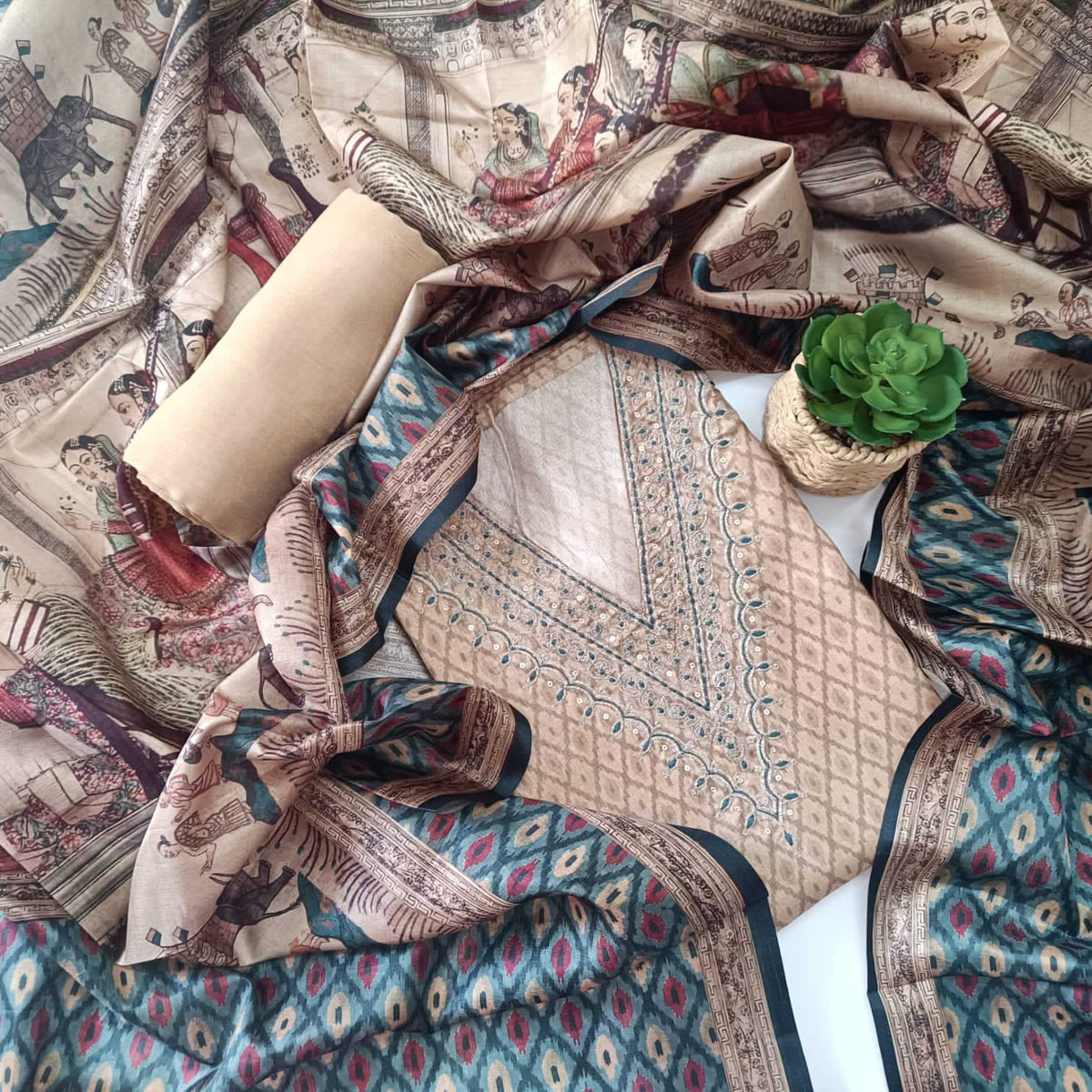 IVORY BIEGE CHANDERI PRINTED & EMBROIDERED SUIT WITH PRINTED SILK DUPATTA