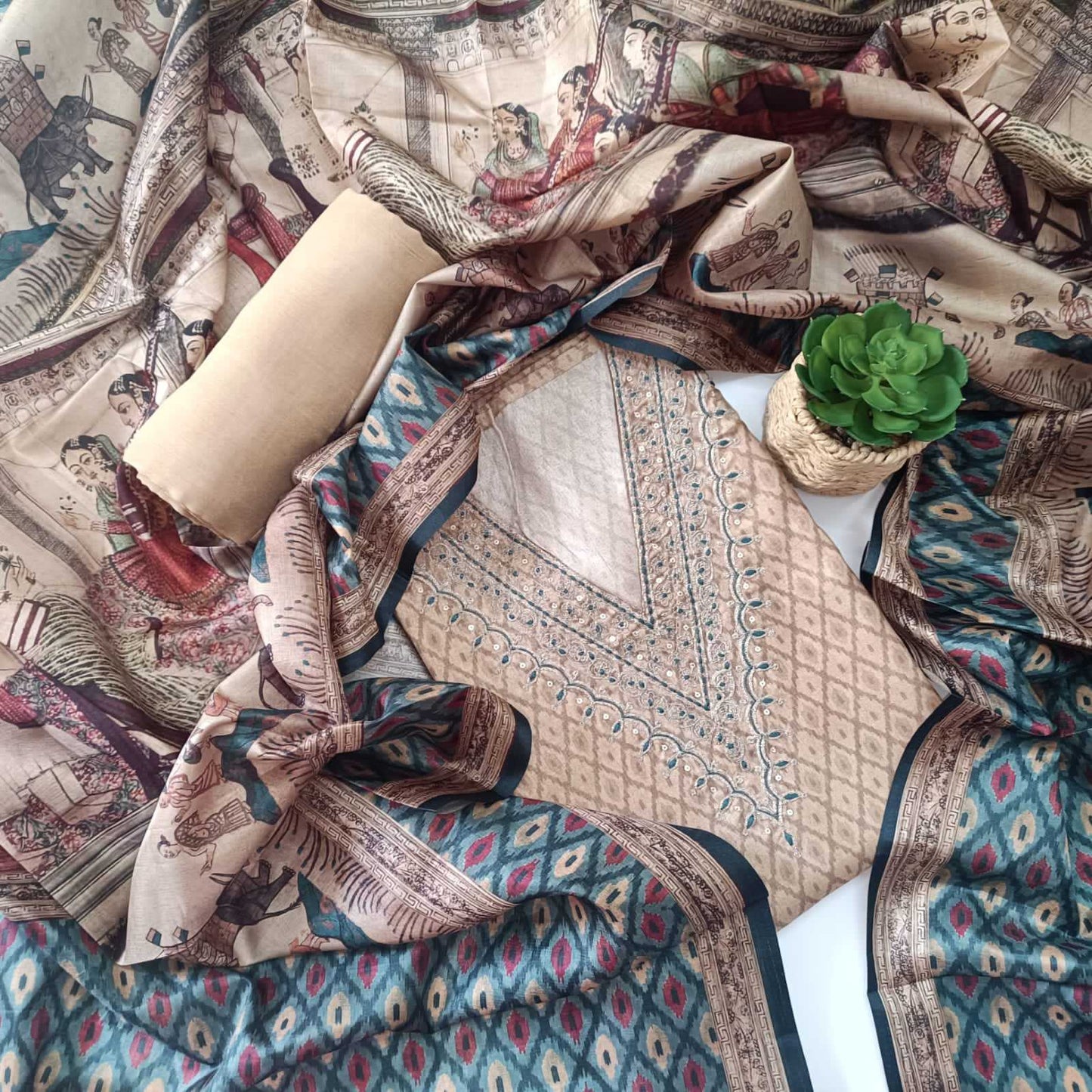 IVORY BIEGE CHANDERI PRINTED & EMBROIDERED SUIT WITH PRINTED SILK DUPATTA