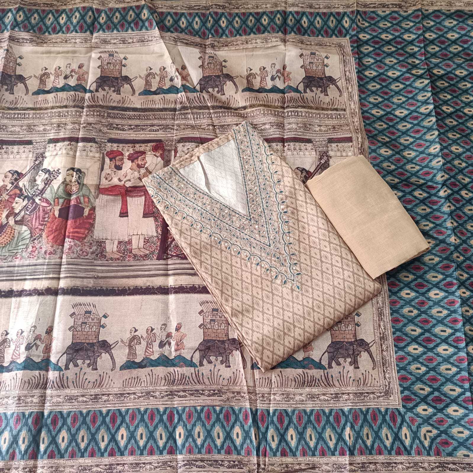 IVORY BIEGE CHANDERI PRINTED & EMBROIDERED SUIT WITH PRINTED SILK DUPATTA