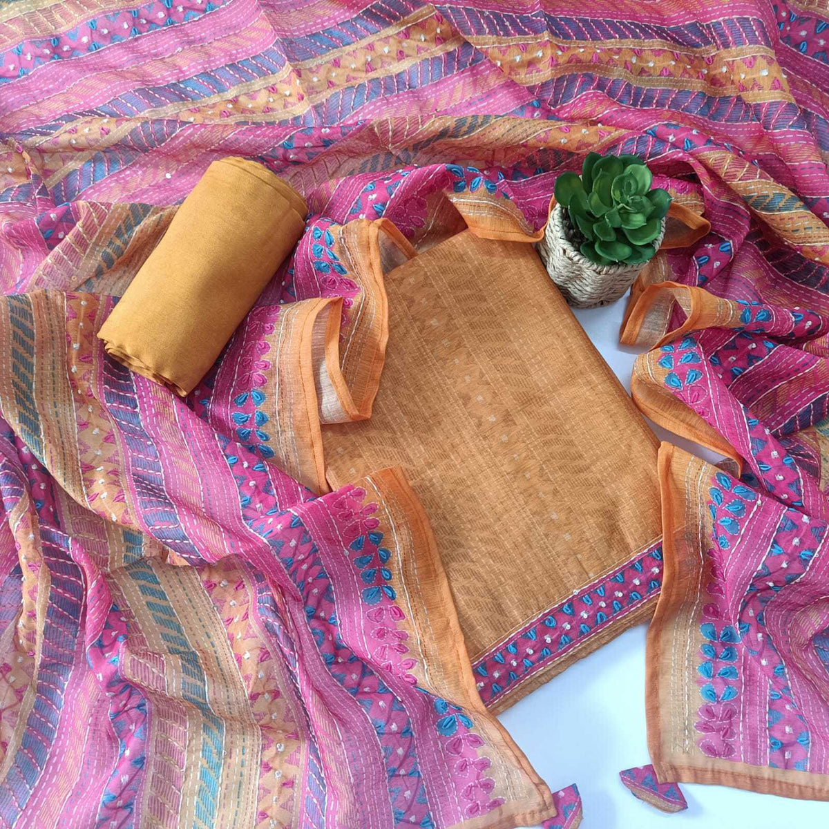 MUSTARD CHANDERI PRINTED & EMBROIDERED SUIT WITH PHULKARI WORK CHANDERI DUPATTA