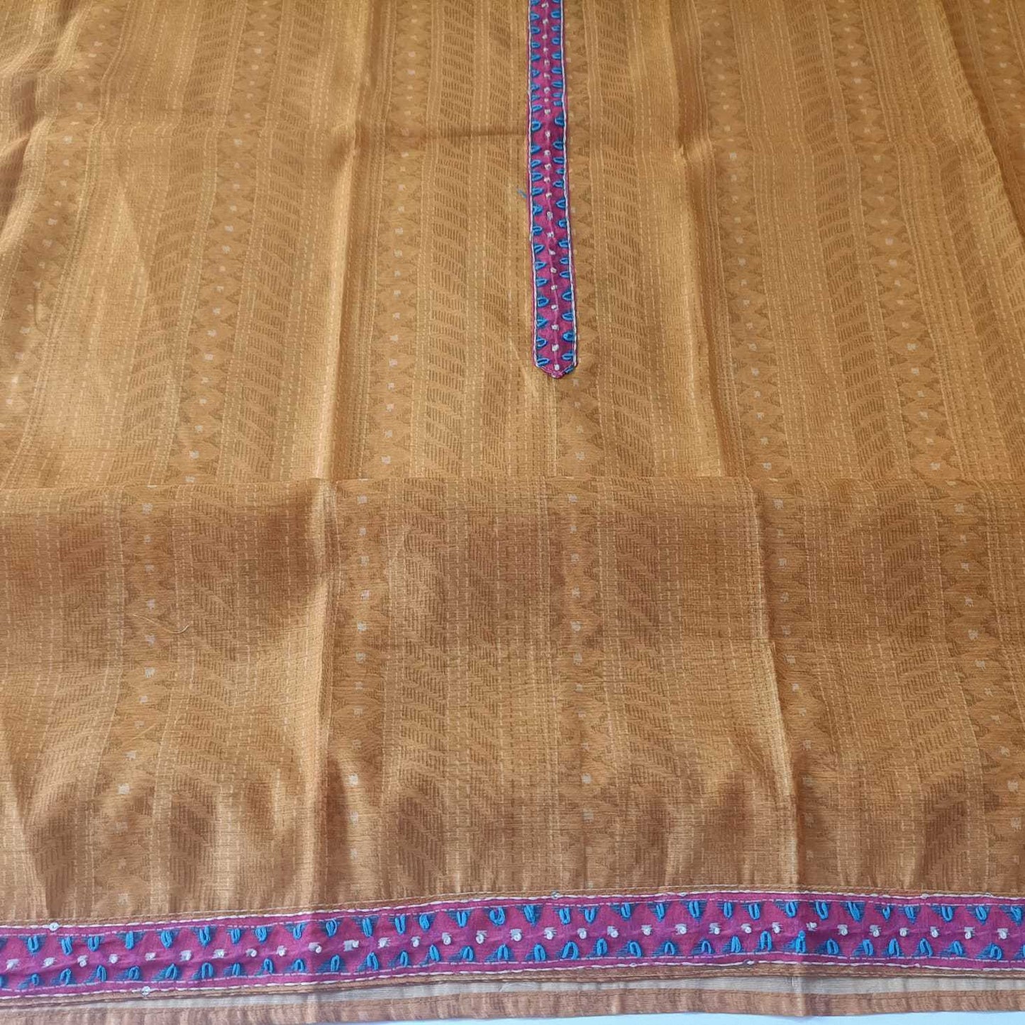 MUSTARD CHANDERI PRINTED & EMBROIDERED SUIT WITH PHULKARI WORK CHANDERI DUPATTA