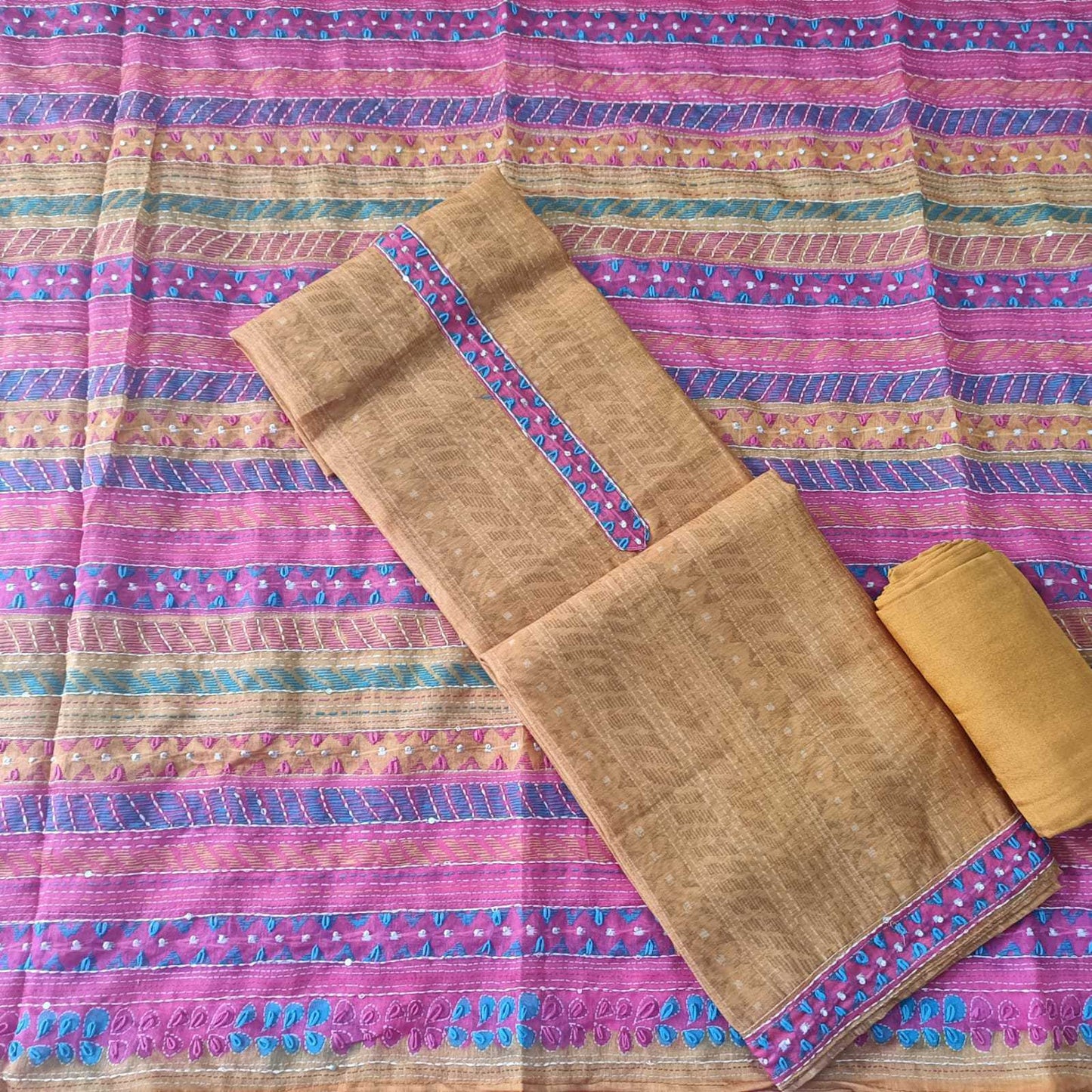 MUSTARD CHANDERI PRINTED & EMBROIDERED SUIT WITH PHULKARI WORK CHANDERI DUPATTA