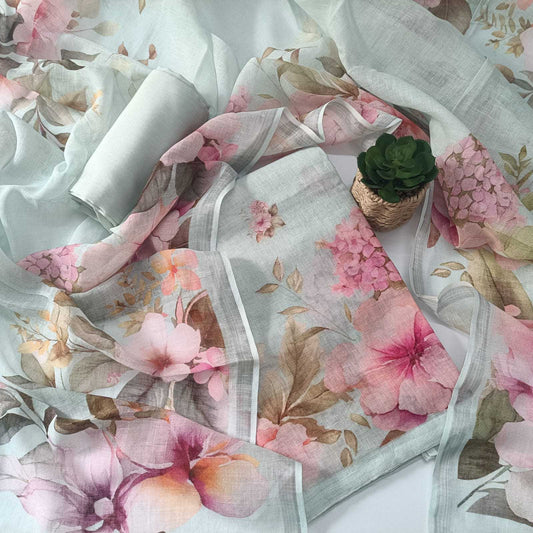 PASTEL BLUE - PREMIUM LINEN PRINTED SUIT SET
