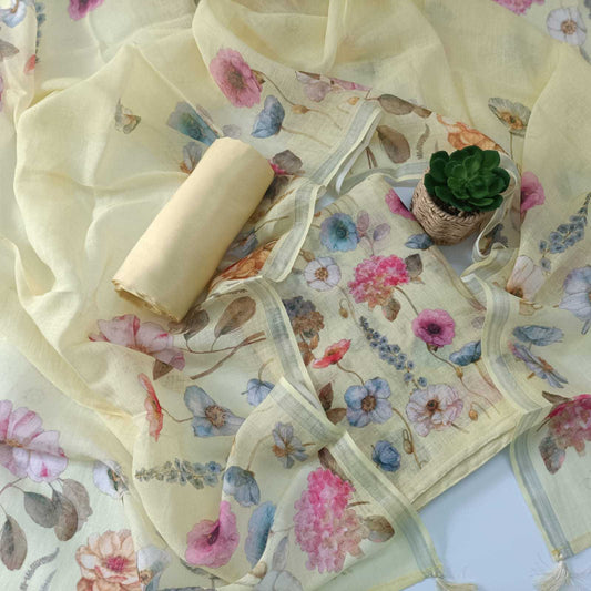 PASTEL YELLOW - PREMIUM LINEN PRINTED SUIT SET
