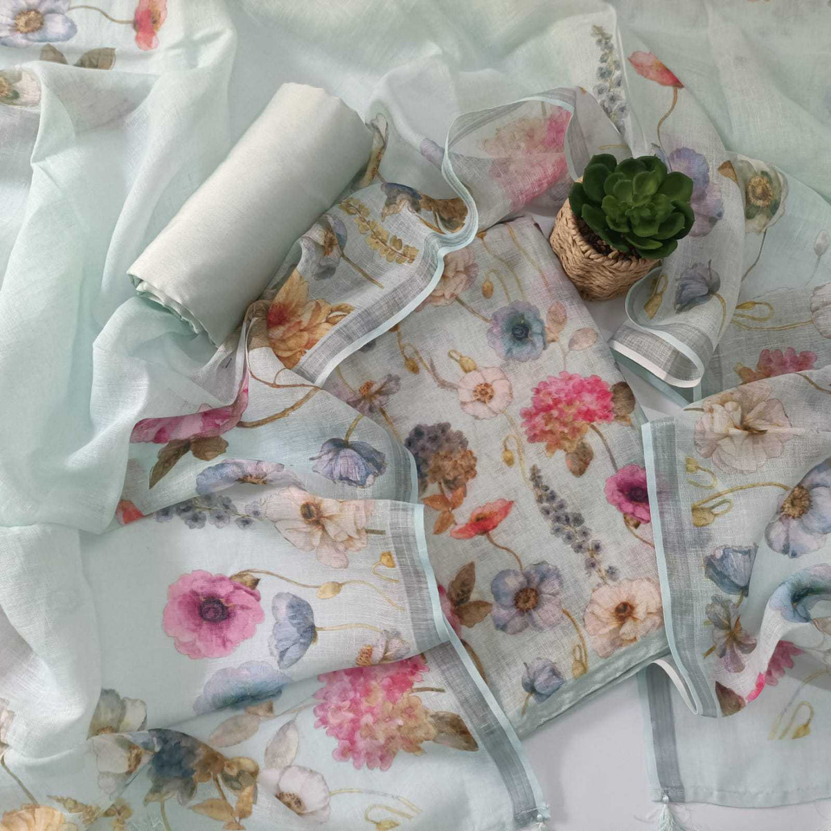 PASTEL BLUE - PREMIUM LINEN PRINTED SUIT SET