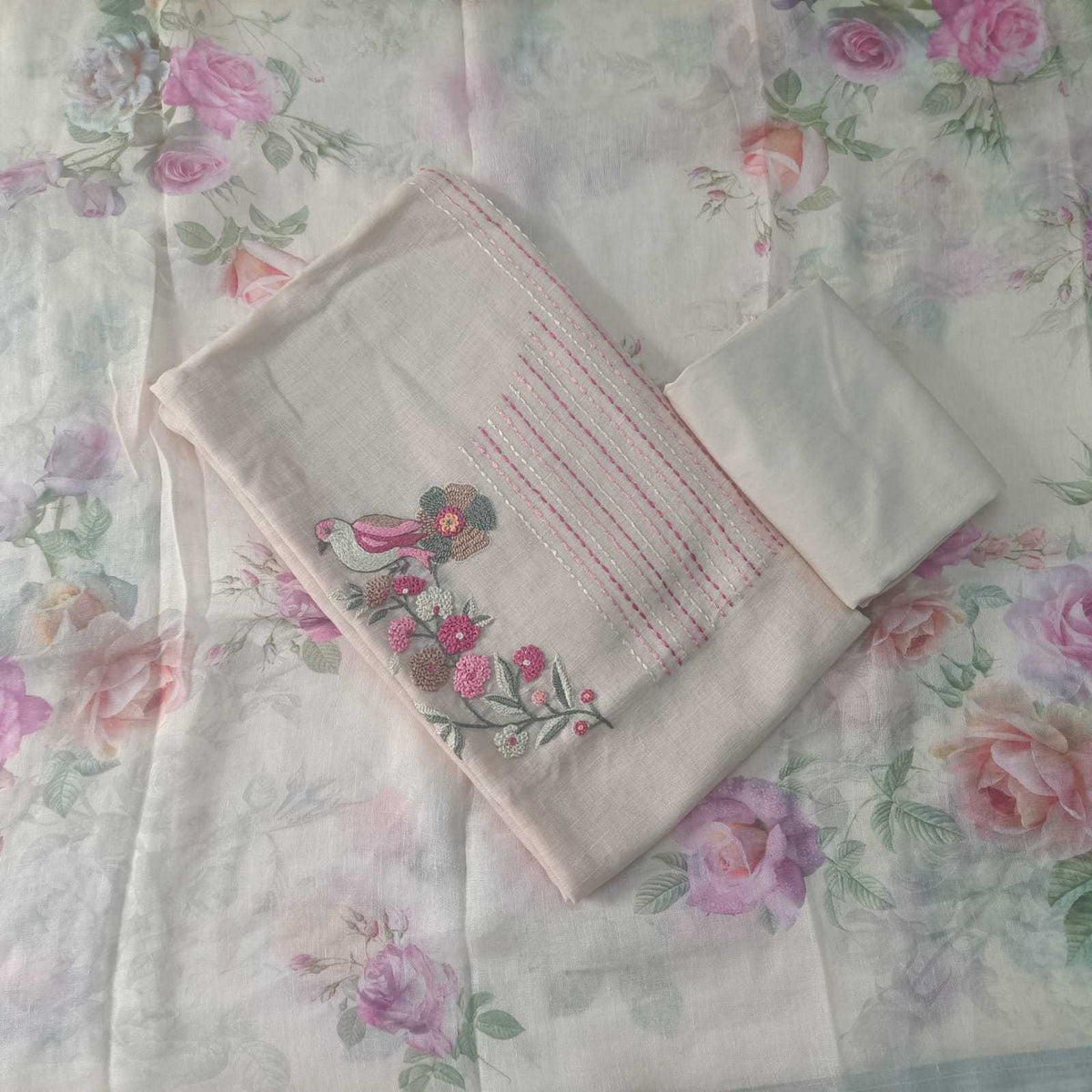 BIEGE CREAM - PREMIUM LINEN EMBROIDERED SUIT SET