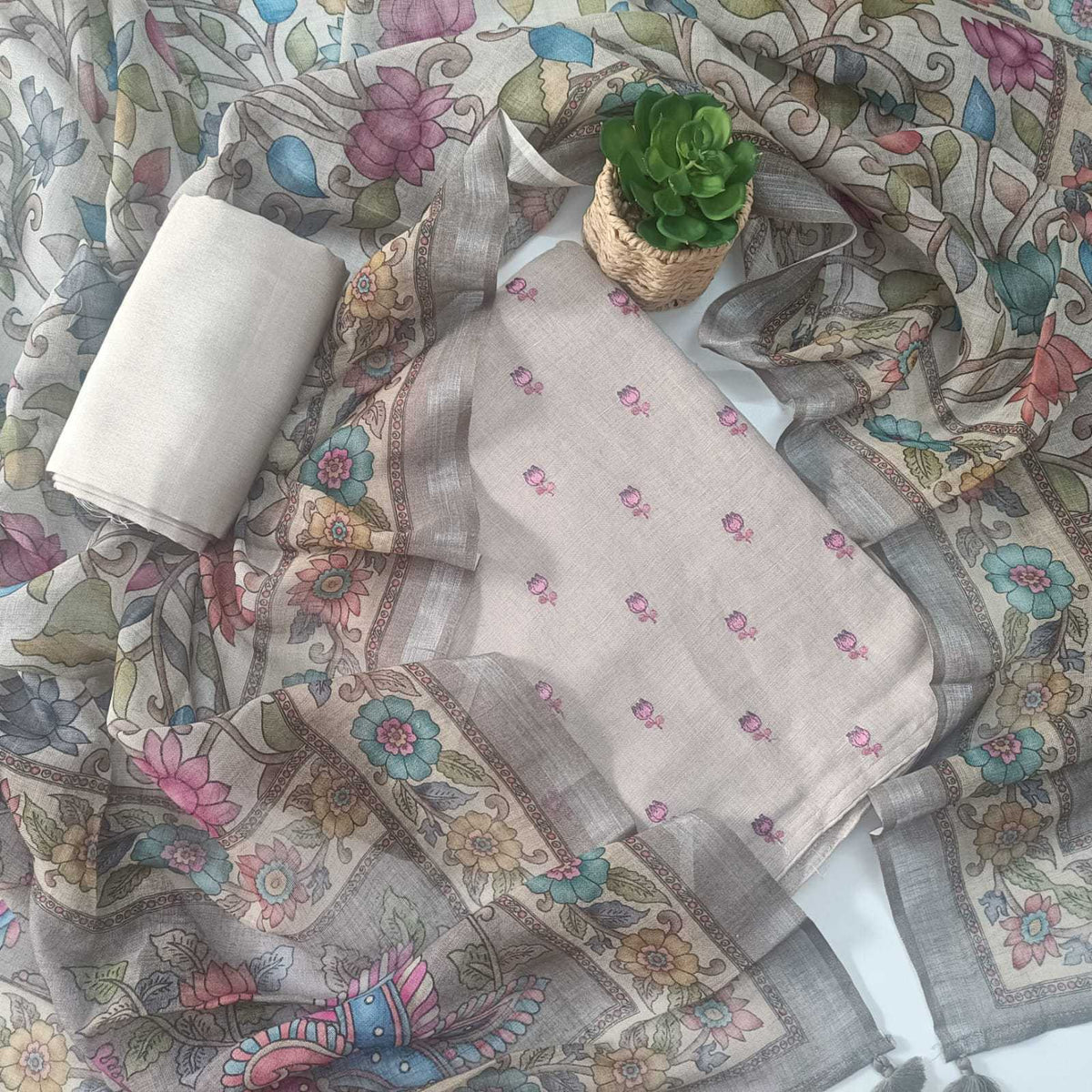 GREY BIEGE- PREMIUM LINEN EMBROIDERED SUIT SET