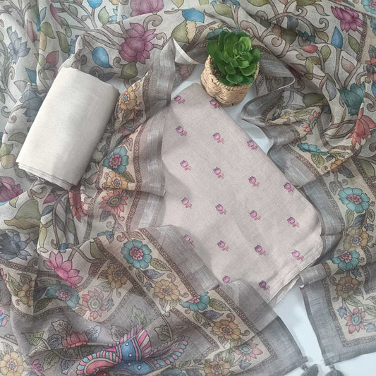 GREY BIEGE- PREMIUM LINEN EMBROIDERED SUIT SET