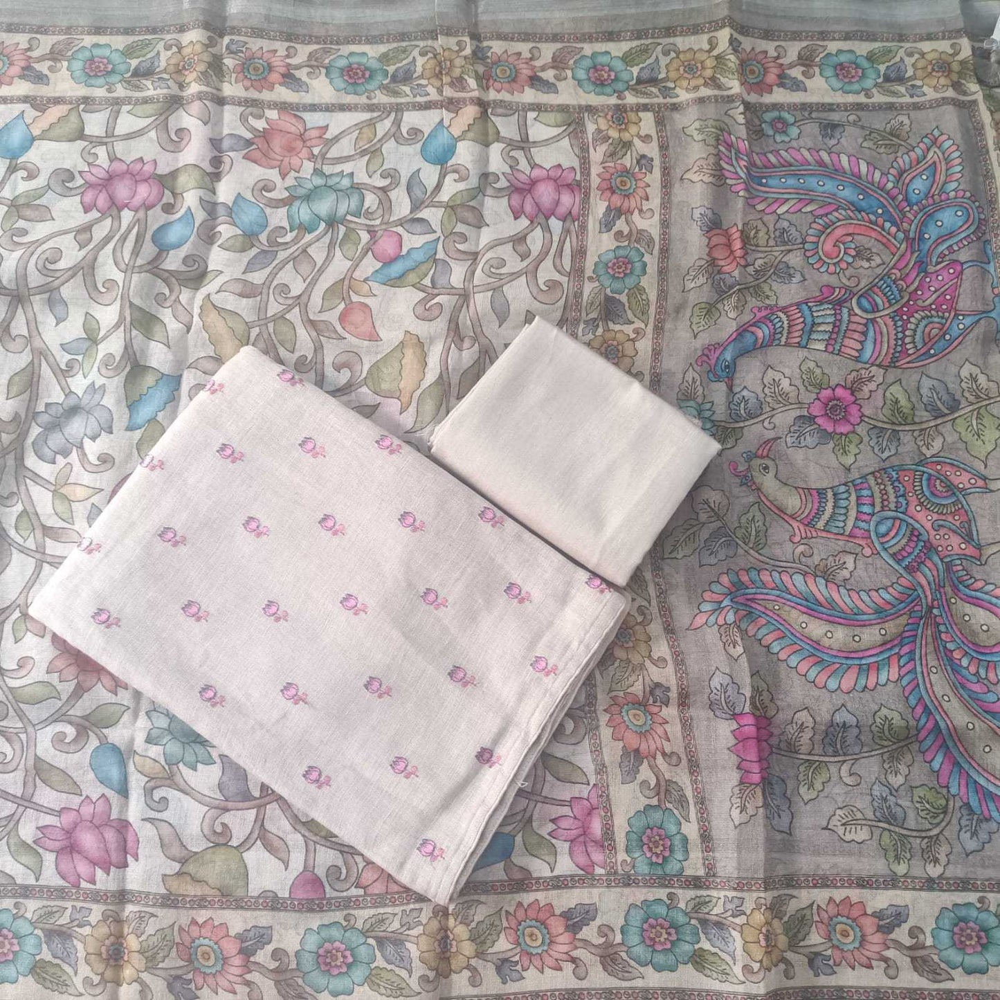 GREY BIEGE- PREMIUM LINEN EMBROIDERED SUIT SET
