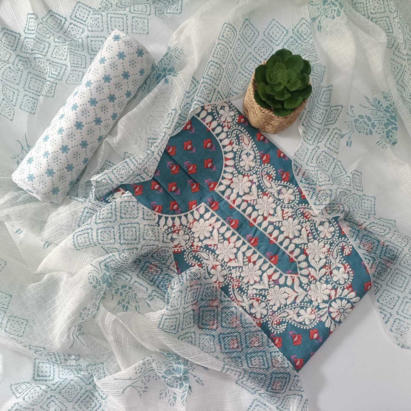 BLUE- JAIPUR COTTON - 3 PC SUIT SET - TOP,BOTTOM & DUPATTA