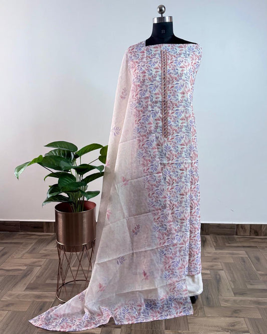 OFFWHITE & BLUE PINK FLORAL - LINEN COTTON SUIT SET