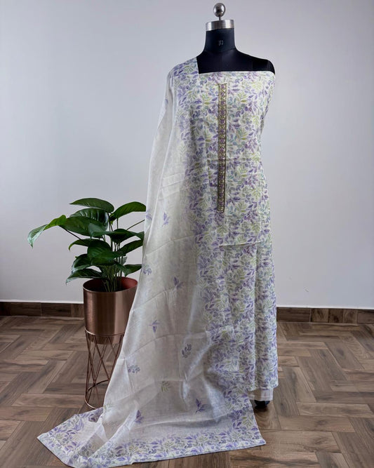 OFFWHITE & VIOLET GREEN FLORAL - LINEN COTTON SUIT SET