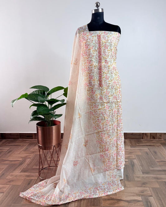 OFFWHITE & PEACH YELLOW FLORAL - LINEN COTTON SUIT SET