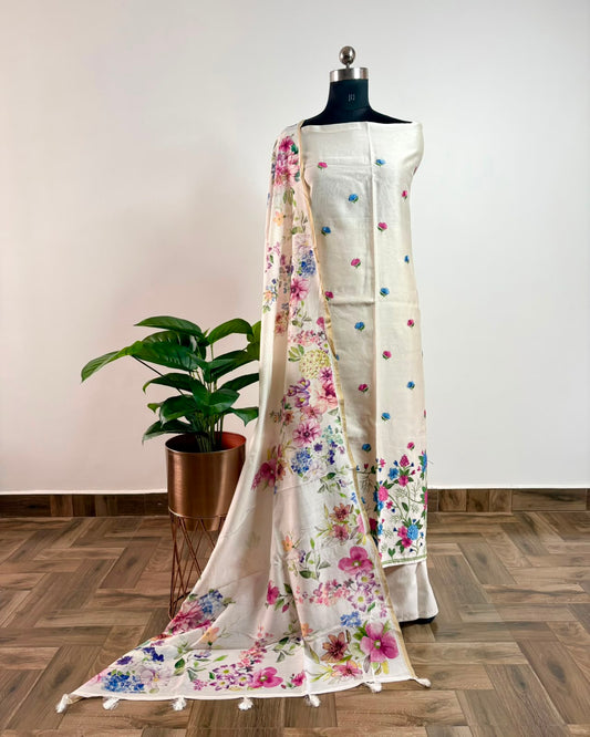 OFFWHITE CHANDERI FLORAL EMBROIDERED SUIT WITH CHANDERI SILK DUPATTA