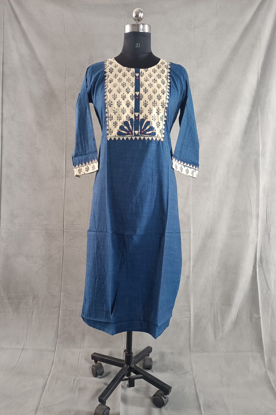 BLUE - BLOCK PRINTED COTTON MIRROK SEQUENCE WORK KURTHA