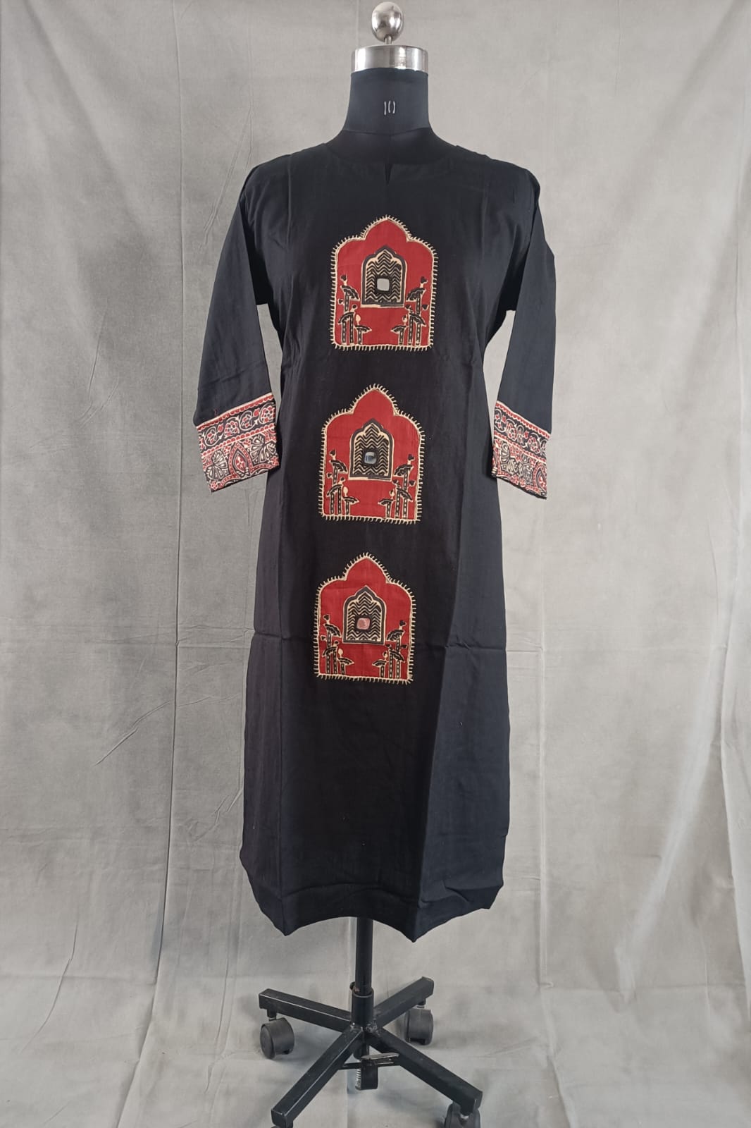 BLACK - AJRAKH PRINTED COTTON MIRROK WORK KURTHA