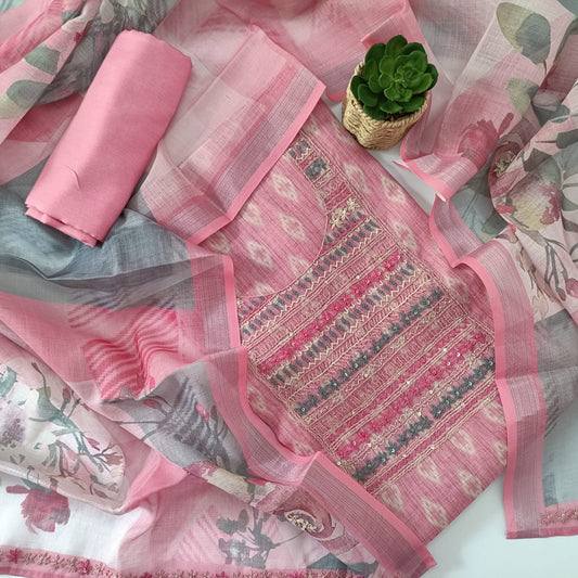 ROSE PINK - TISSUE LINEN  HANDWORKED SUIT SET