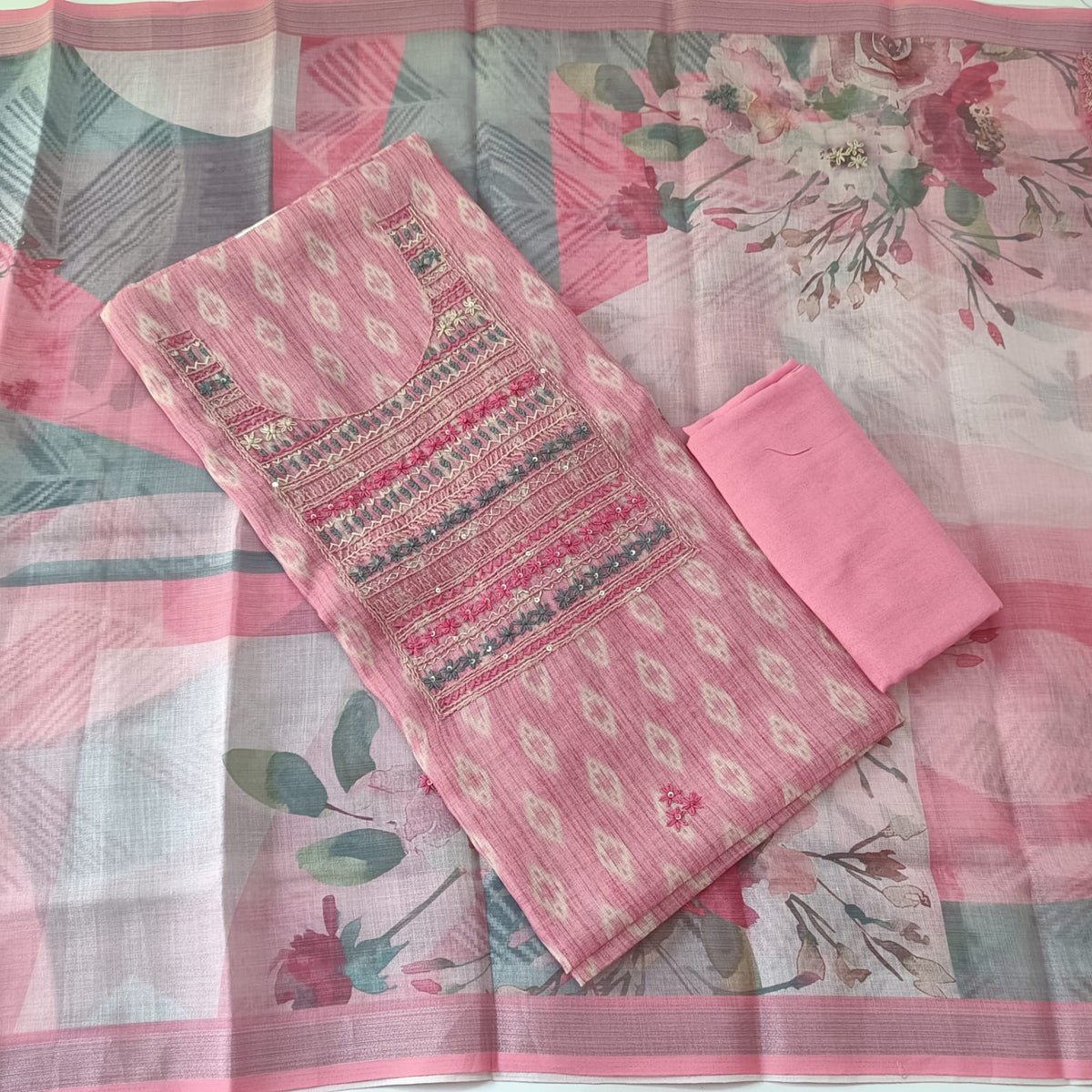 ROSE PINK - TISSUE LINEN  HANDWORKED SUIT SET