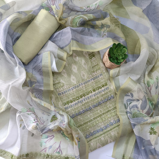 GREEN - TISSUE LINEN  HANDWORKED SUIT SET
