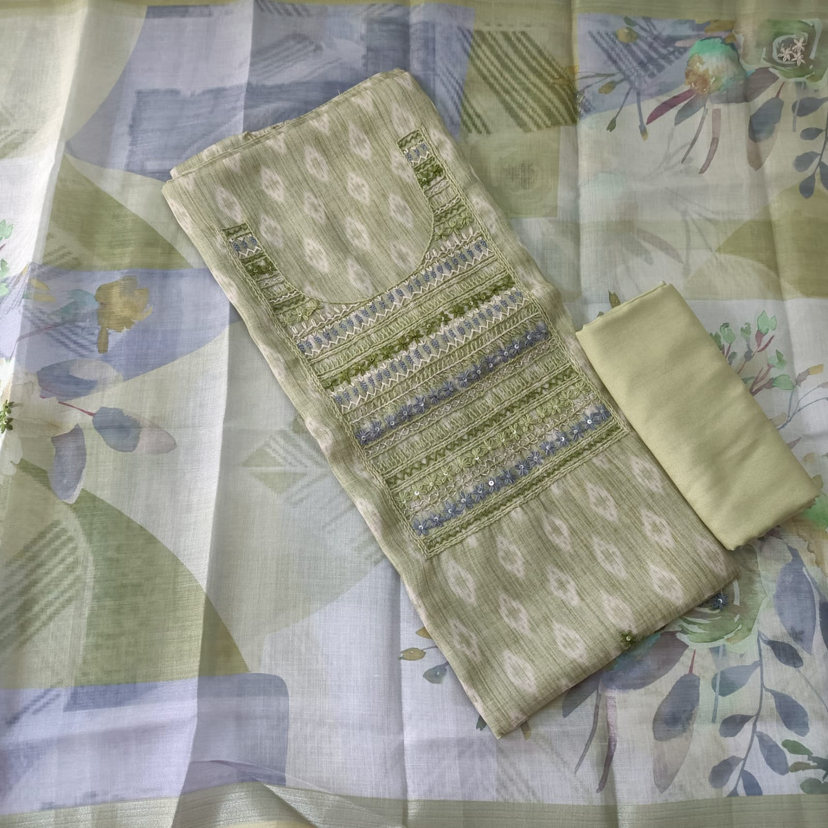 GREEN - TISSUE LINEN  HANDWORKED SUIT SET