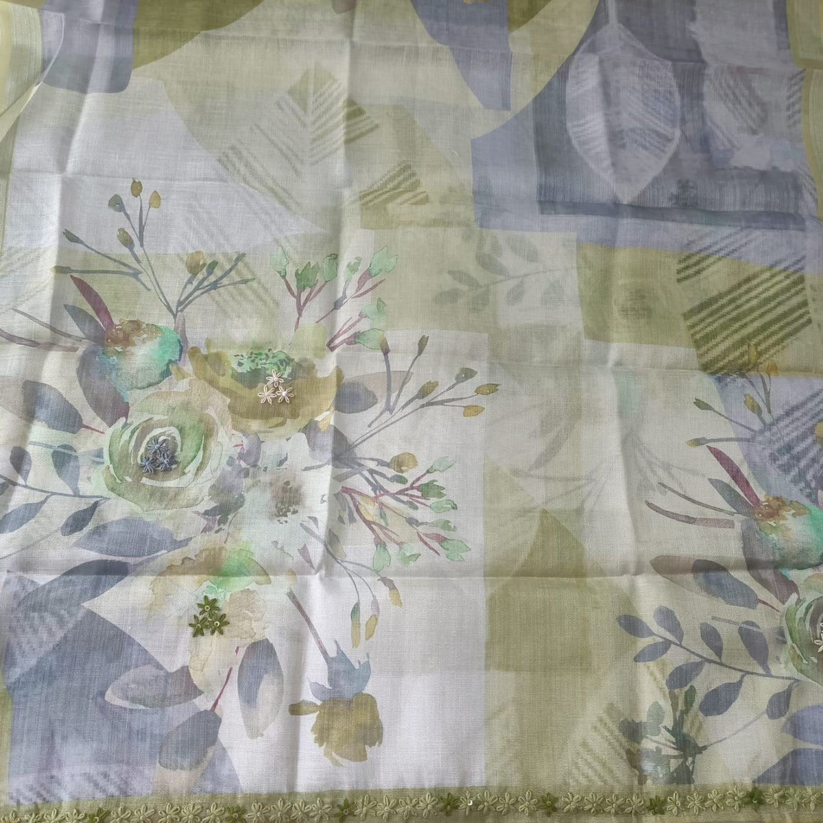 GREEN - TISSUE LINEN  HANDWORKED SUIT SET