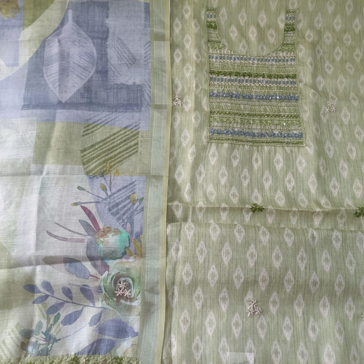 GREEN - TISSUE LINEN  HANDWORKED SUIT SET