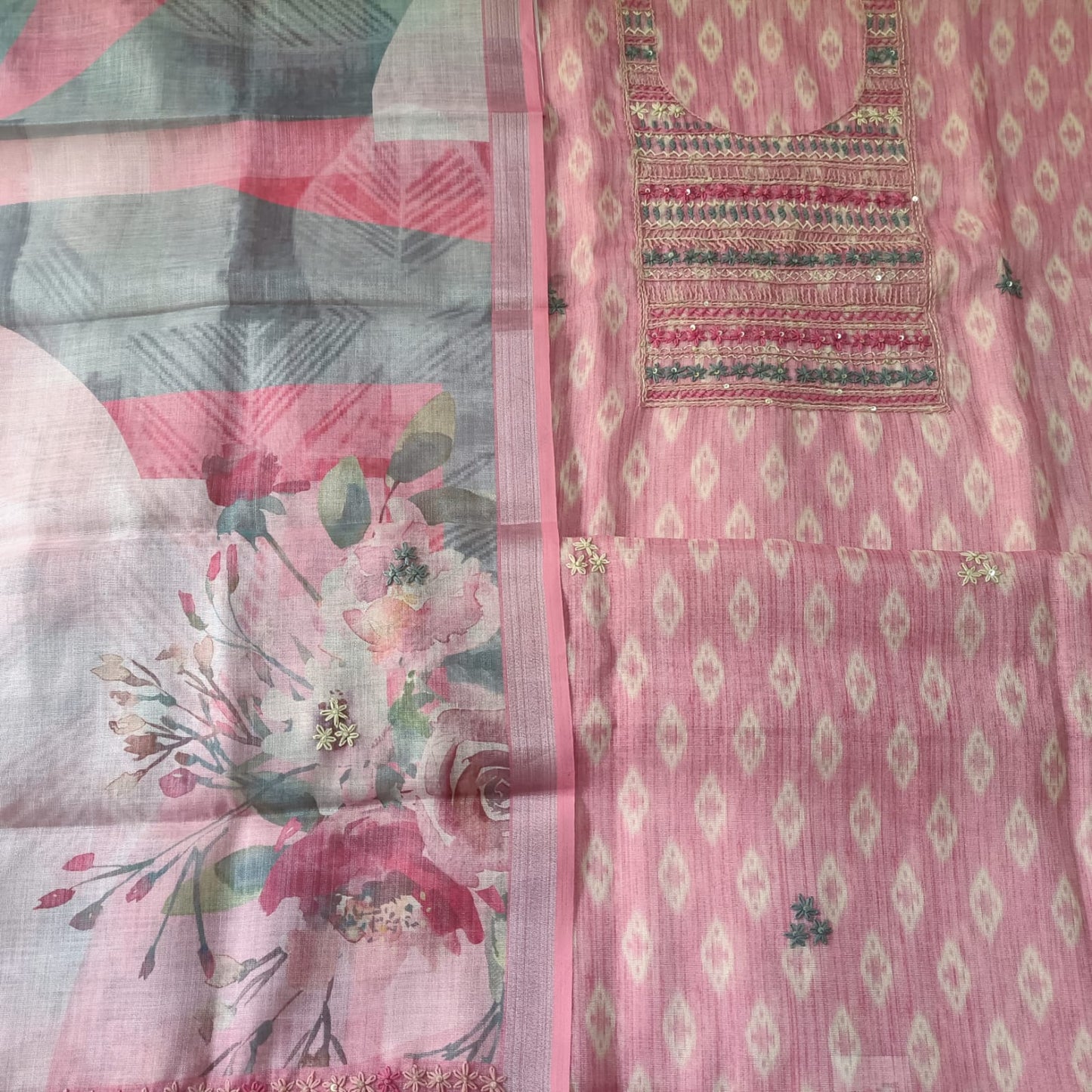 ROSE PINK - TISSUE LINEN  HANDWORKED SUIT SET