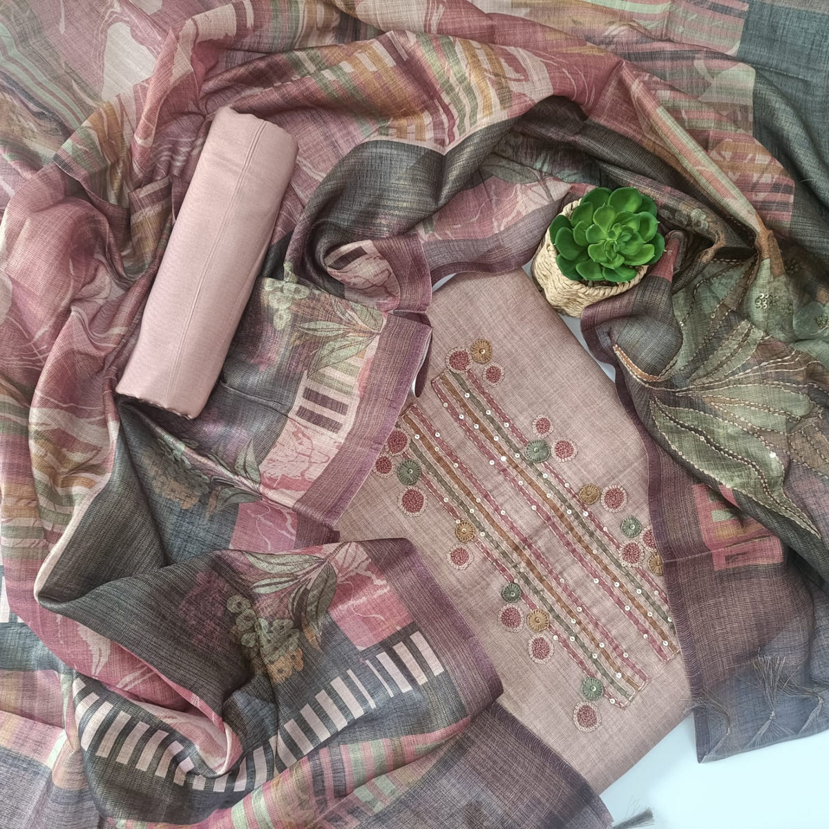 METALLIC DUSKY ROSE - TISSUE LINEN  HANDWORKED SUIT SET