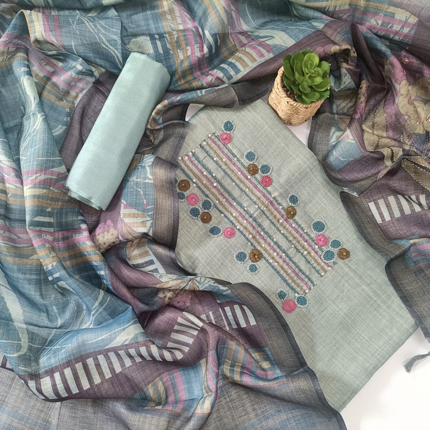 METALLIC BLUE - TISSUE LINEN  HANDWORKED SUIT SET