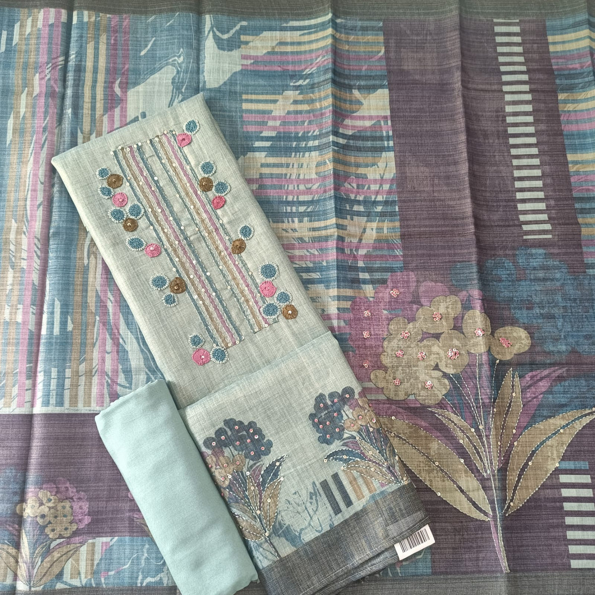 METALLIC BLUE - TISSUE LINEN  HANDWORKED SUIT SET