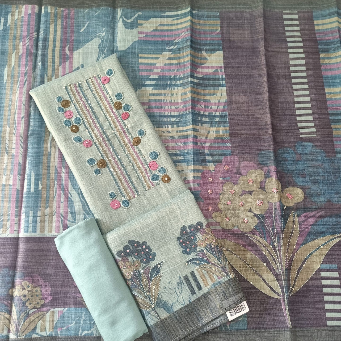 METALLIC BLUE - TISSUE LINEN  HANDWORKED SUIT SET