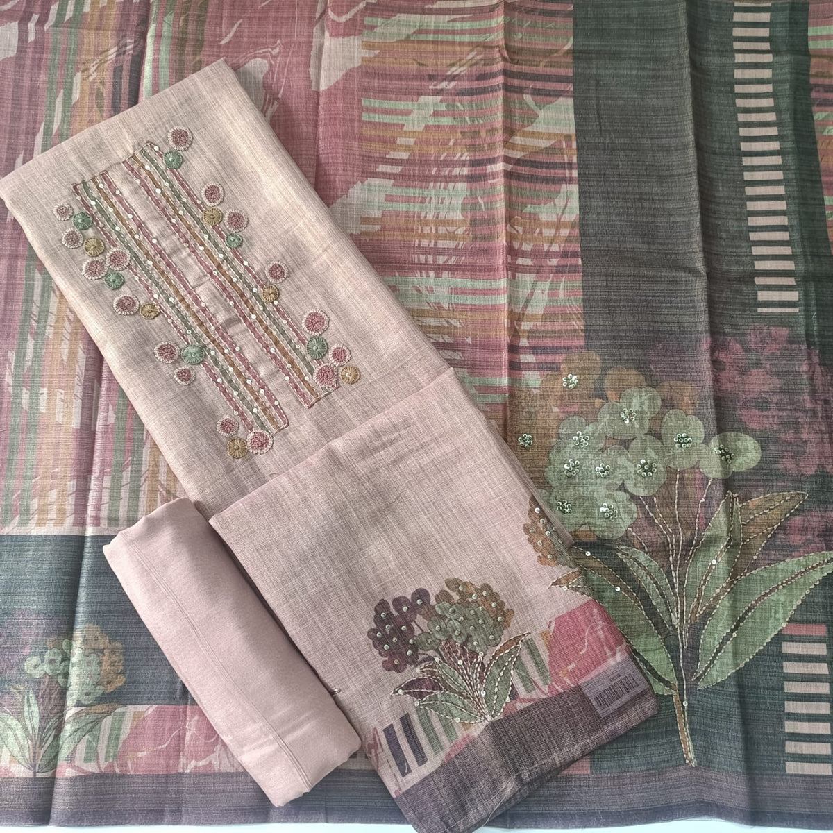 METALLIC DUSKY ROSE - TISSUE LINEN  HANDWORKED SUIT SET