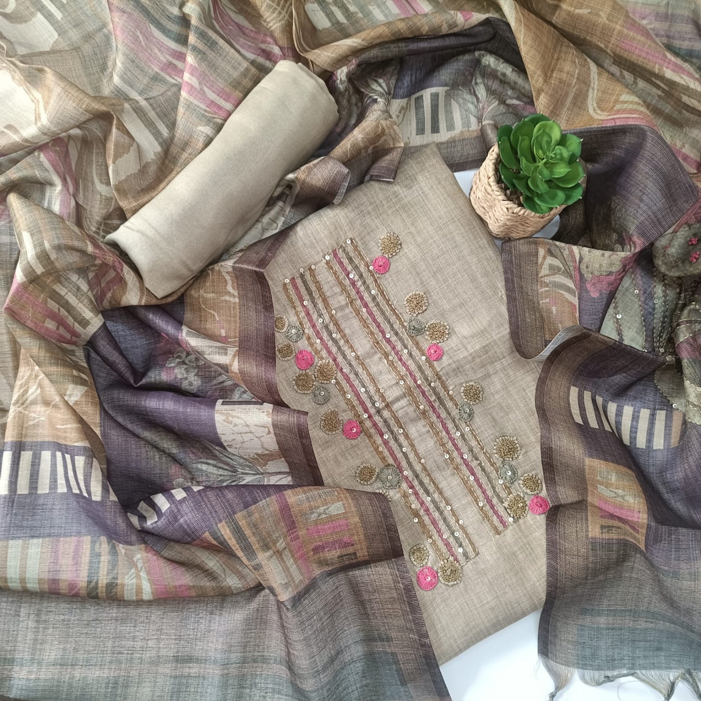 METALLIC BEIGE - TISSUE LINEN  HANDWORKED SUIT SET