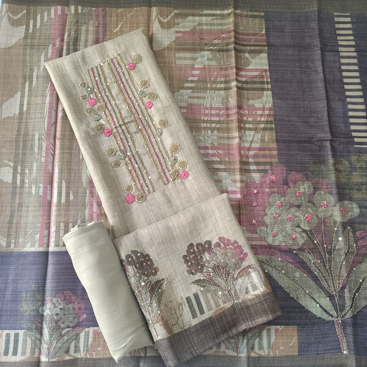 METALLIC BEIGE - TISSUE LINEN  HANDWORKED SUIT SET