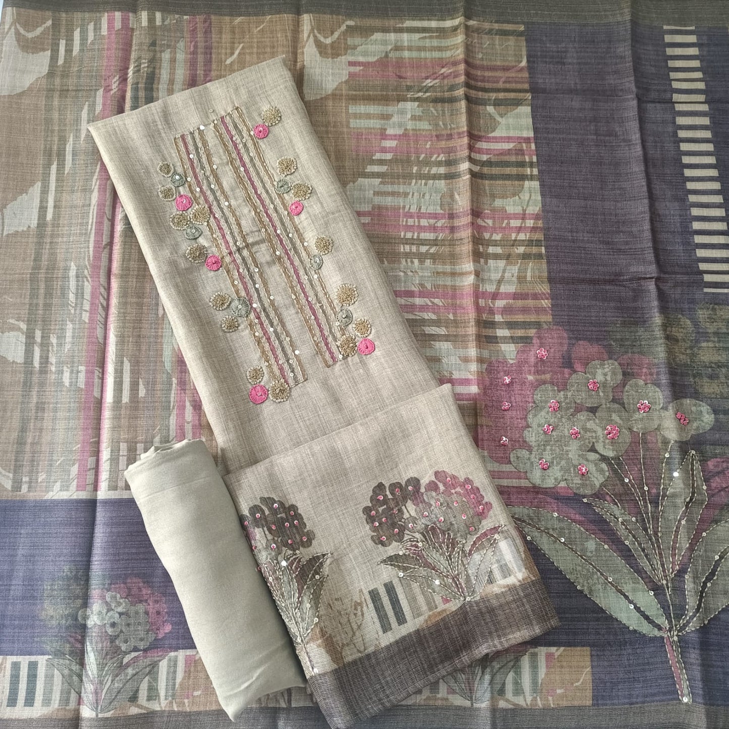 METALLIC BEIGE - TISSUE LINEN  HANDWORKED SUIT SET